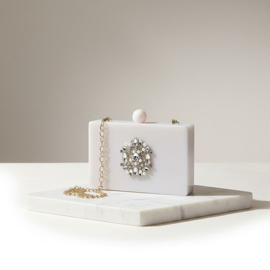 Luxury Ivory Resin Minaudière – Pearl & Stone Studded