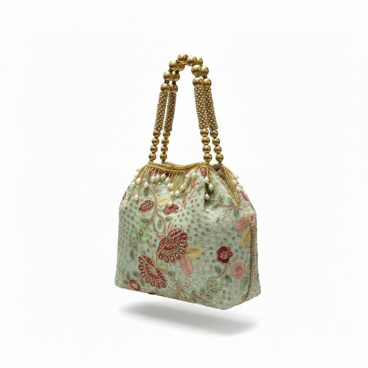 Luxury Mint Floral Embroidered Potli Bag