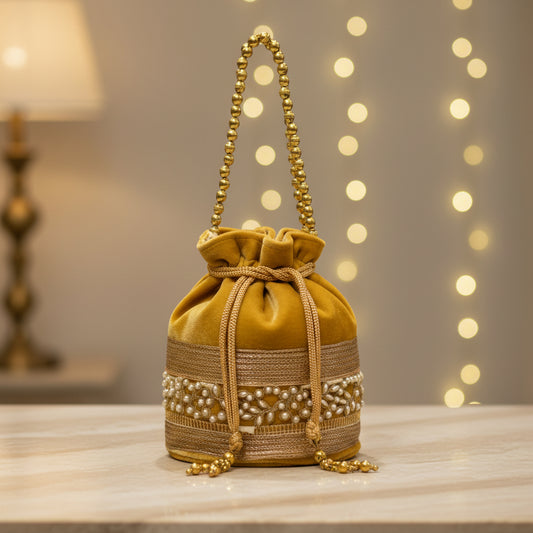 Royal Mustard Velvet Potli Bag with Pearl Gota Work