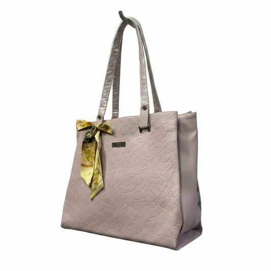 Chic Textured Tote with Silk-Style Scarf Accent