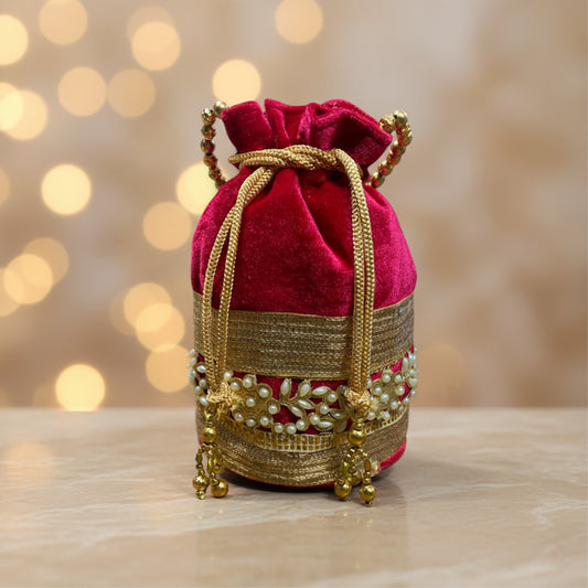 Royal Mustard Velvet Potli Bag with Pearl Gota Work